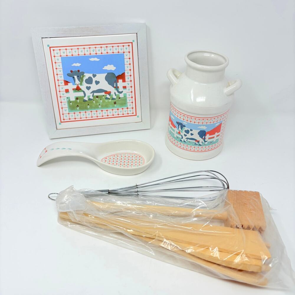Vtg 80s Himark Peaches N Cream Cow Canister Utensils Trivet NOS Cottagecore